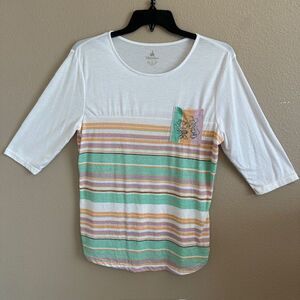 Disney Parks Women's Striped Mickey Minnie 3/4‎ Sleeve White Multicolor Shirt XL